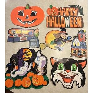 Vtg Beistle Halloween Decorations Die Cut Punch Out Ghosts Cat Jack-o-lantern